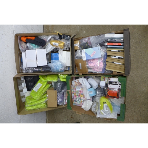 2384 - Five boxes of consumables, phone holders, chargeable fans, light bulbs, books, etc.