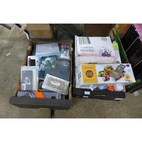 2384 - Five boxes of consumables, phone holders, chargeable fans, light bulbs, books, etc.