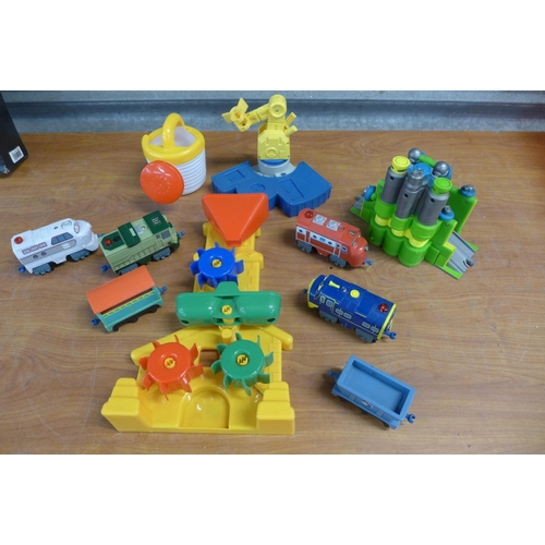 2399 - A model train set with track, sandcastle toys, etc. and a 3 piece Tramontina barbecue tool set