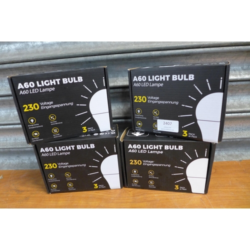 2407 - 4 Packs of 3 x A60 LED light bulbs, 230v bayonet caps - unused