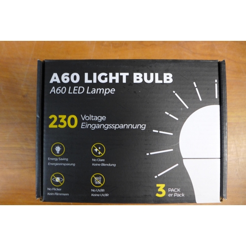 2407 - 4 Packs of 3 x A60 LED light bulbs, 230v bayonet caps - unused