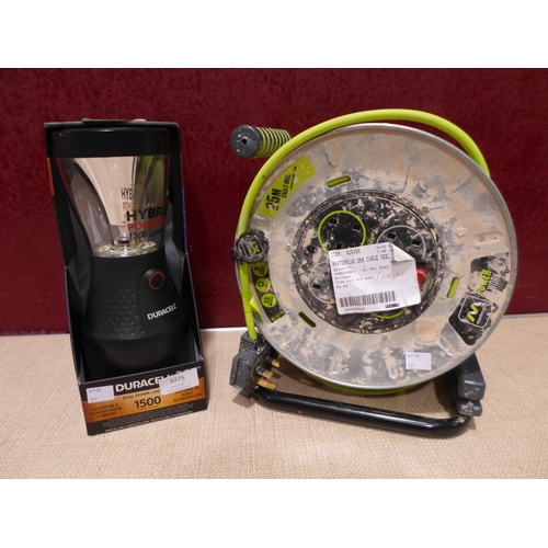 3075 - Masterplug 25m Cable Reel & Duracell Lantern (317-111,164) *This lot is subject to VAT