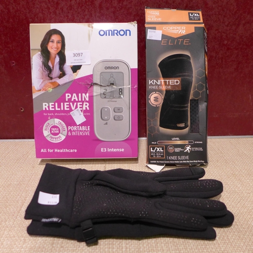 3097 - Omron E3 Intense Pain Reliever, Copper Fit Knee Support & Gloves  (317-43) *This lot is subject to V... 