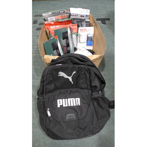 3150 - Assorted Men's underwear and accessories to include: Puma rucksack, Replay & Armani boxers *This lot... 