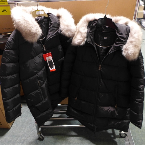 3162 - Two Ladies Black DKNY hooded coats - Sizes: M & L *This lot is subject to VAT