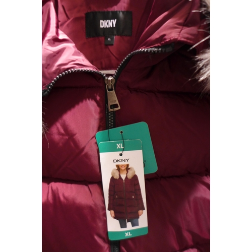 3164 - Two Ladies Burgundy DKNY hooded coats - Sizes: L & XL *This lot is subject to VAT