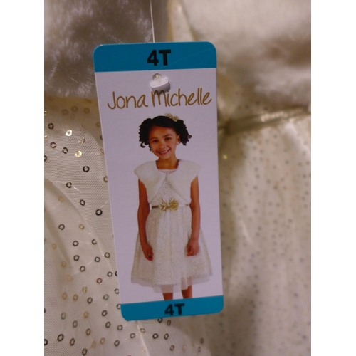 3186 - Three Jona Michelle - Girl's White party dresses with fur jackets - mixed sizes  *This lot is subjec... 