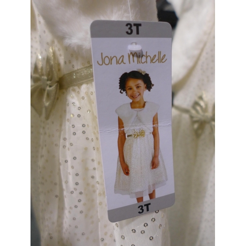 3186 - Three Jona Michelle - Girl's White party dresses with fur jackets - mixed sizes  *This lot is subjec... 