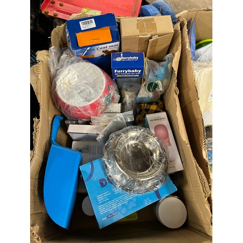 2387 - A box containing a large quantity of pet accessories including dog bowls, cooling mats, cat litter t... 