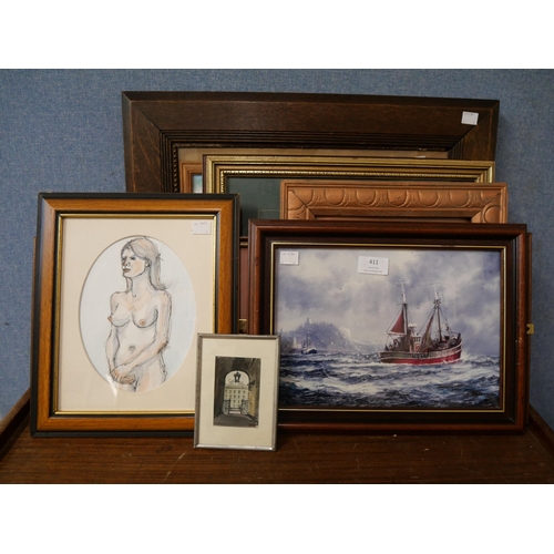 411 - Assorted prints, including seascapes, cattle, etc.