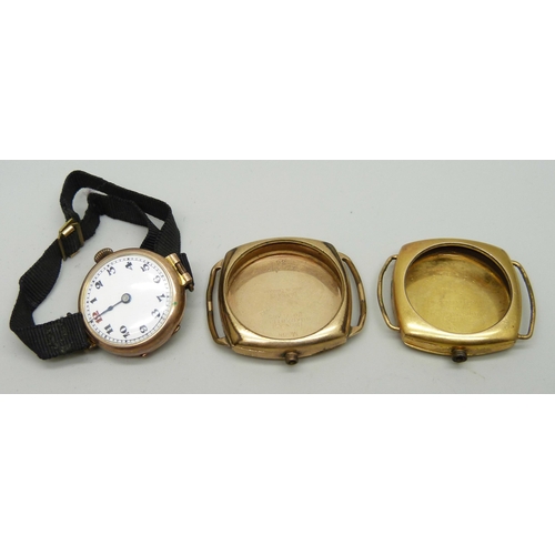 1001 - A lady's 9ct gold  wristwatch and two gold plated watch cases