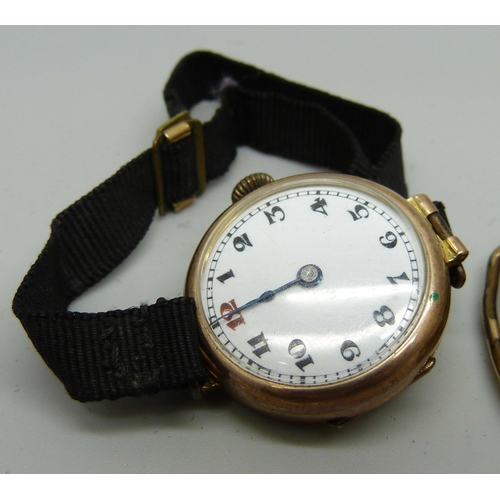 1001 - A lady's 9ct gold  wristwatch and two gold plated watch cases