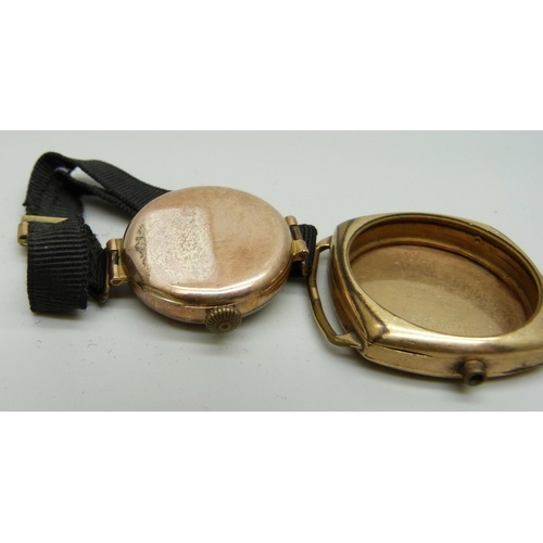 1001 - A lady's 9ct gold  wristwatch and two gold plated watch cases