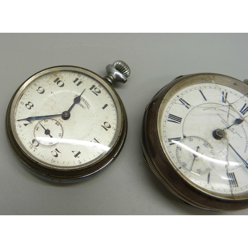 1006 - A silver cased pocket watch, Birmingham 1906, and one other pocket watch, a/f