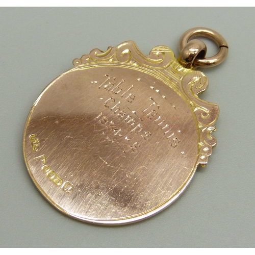 1024 - A 9ct rose gold 'Nottingham Institutes Association' fob medal, Table Tennis Champs  1934-5, 7.3g