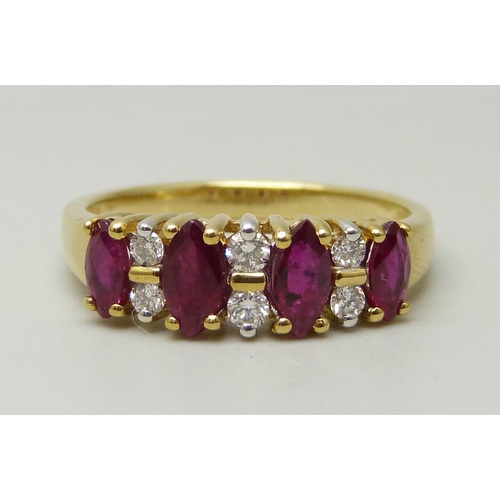 1037 - An 18ct yellow gold ring set with four marquise cut rubies and six round brilliant cut diamonds, app... 