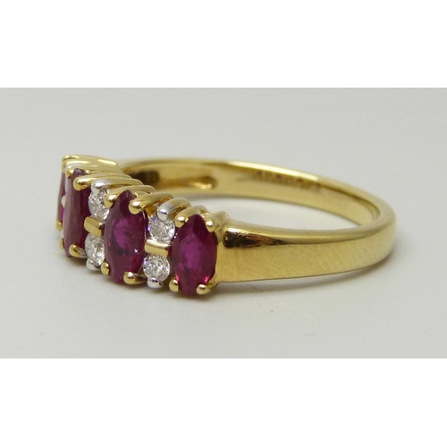 1037 - An 18ct yellow gold ring set with four marquise cut rubies and six round brilliant cut diamonds, app... 