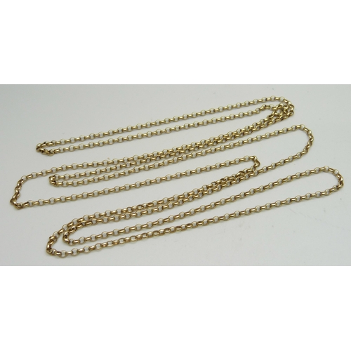 1044 - An unmarked yellow metal oval belcher link long guard chain, (tests as 9ct gold), 158cm, 26.1g