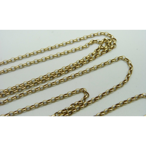 1044 - An unmarked yellow metal oval belcher link long guard chain, (tests as 9ct gold), 158cm, 26.1g