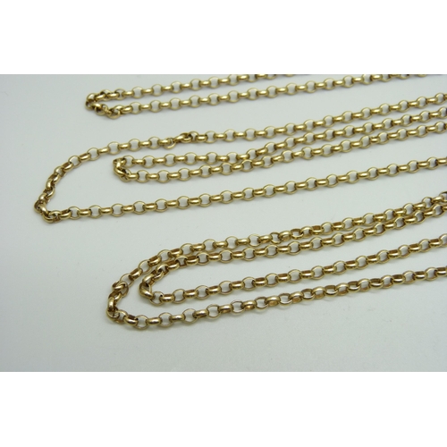 1044 - An unmarked yellow metal oval belcher link long guard chain, (tests as 9ct gold), 158cm, 26.1g