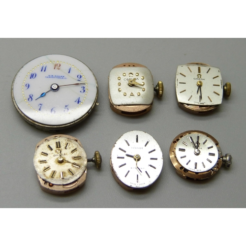 1048 - Six wristwatch movements; four Omega, Tissot and OB Allan, Vancouver