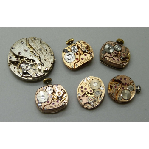 1048 - Six wristwatch movements; four Omega, Tissot and OB Allan, Vancouver