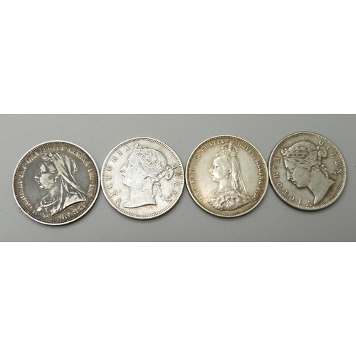 1053 - Coins; two Hong Kong 20 cents, 1894 and 1895, both 800 silver, and two shillings, 1895 and 1897