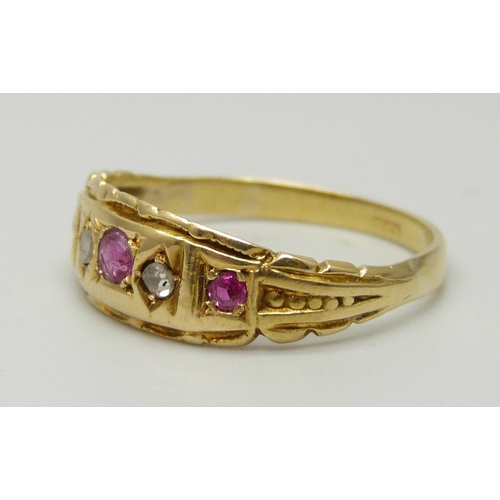 1060 - A Victorian 18ct gold, ruby and diamond ring, 2.5g, R