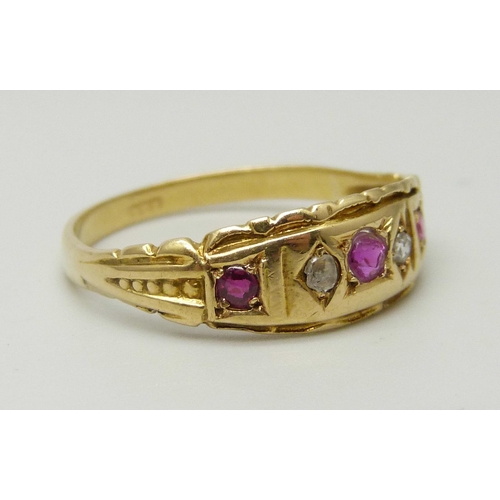 1060 - A Victorian 18ct gold, ruby and diamond ring, 2.5g, R