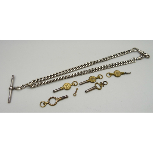 1061 - A vintage silver double Albert watch chain, 45g, with five watch keys