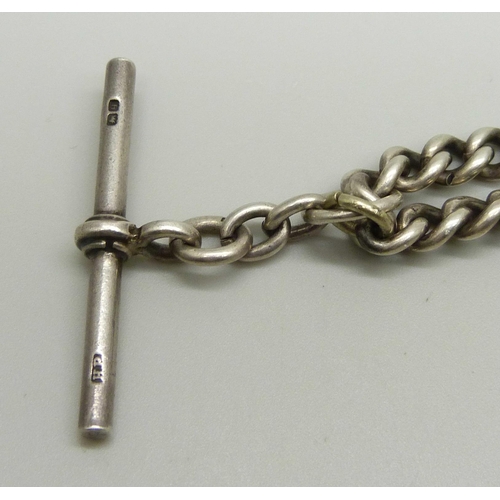 1061 - A vintage silver double Albert watch chain, 45g, with five watch keys