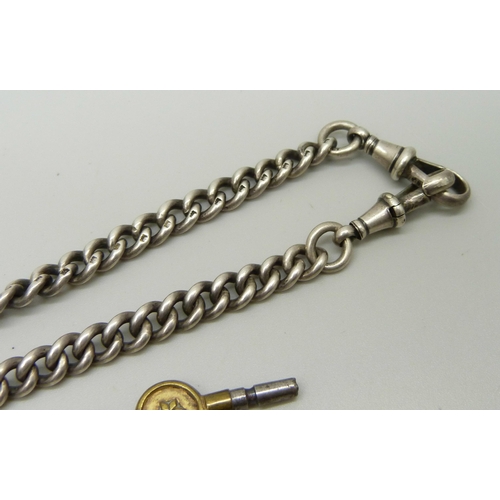 1061 - A vintage silver double Albert watch chain, 45g, with five watch keys