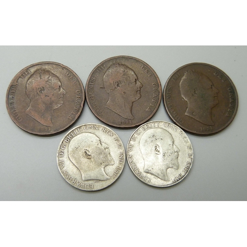 1068 - Two Edward VII silver florins, 1907 and 1910, and three William IV pennies, 1831