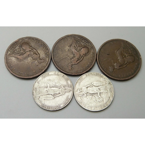 1068 - Two Edward VII silver florins, 1907 and 1910, and three William IV pennies, 1831