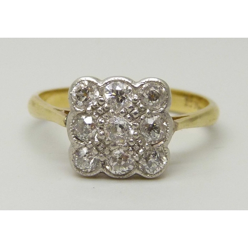 1077 - A platinum and diamond cluster ring with nine small old cut diamonds in square setting 3 x 3, each d... 