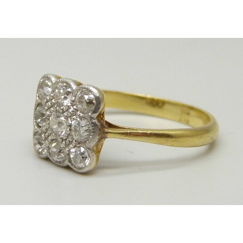 1077 - A platinum and diamond cluster ring with nine small old cut diamonds in square setting 3 x 3, each d... 