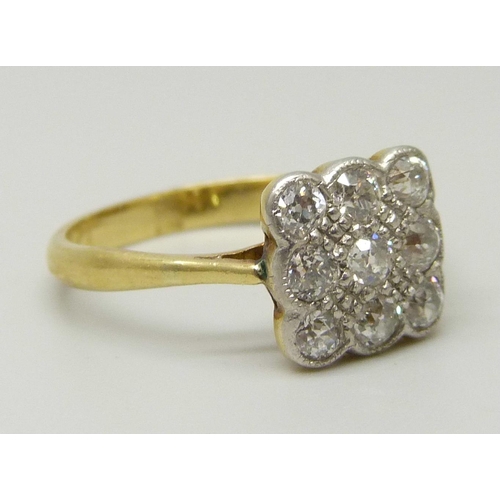 1077 - A platinum and diamond cluster ring with nine small old cut diamonds in square setting 3 x 3, each d... 