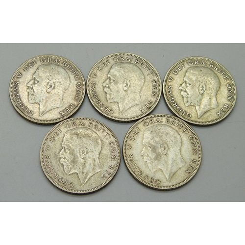 1087 - Coins; five half-crowns 1928 to 1932, includes rare 1930 date, 70.2g