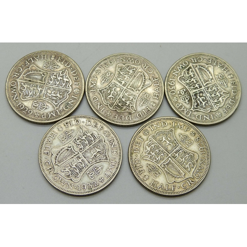 1087 - Coins; five half-crowns 1928 to 1932, includes rare 1930 date, 70.2g