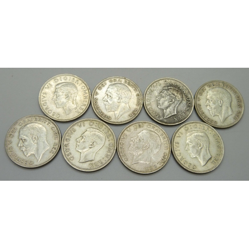 1088 - Coins; eight half-crowns 1933 to 1942, 113g