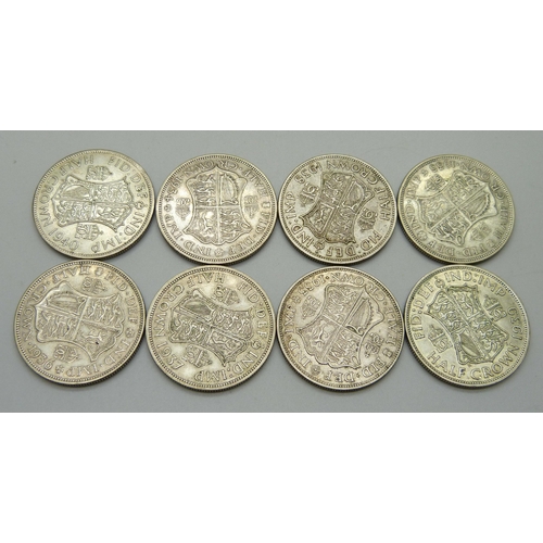 1088 - Coins; eight half-crowns 1933 to 1942, 113g