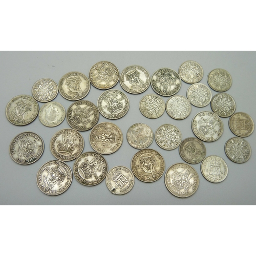 1089 - Coins; fifteen silver shillings 1928 to 1946, and fifteen silver sixpences, pre 1946, 124.9g