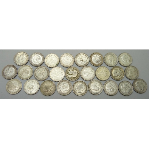 1090 - Coins; a full run of silver sixpences 1921 to 1946, (26 coins), 72.4g