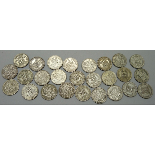 1090 - Coins; a full run of silver sixpences 1921 to 1946, (26 coins), 72.4g