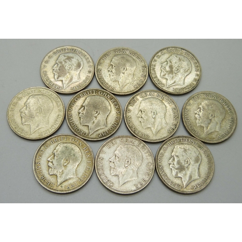 1091 - Coins; ten silver florins, (1920 to 1924, 1926, 1928 to 1931, rare dates 1924 and 1926), 112.1g