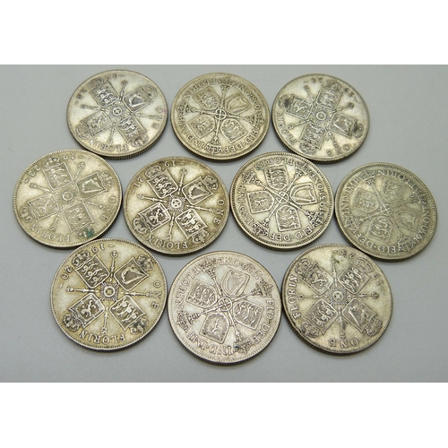 1091 - Coins; ten silver florins, (1920 to 1924, 1926, 1928 to 1931, rare dates 1924 and 1926), 112.1g