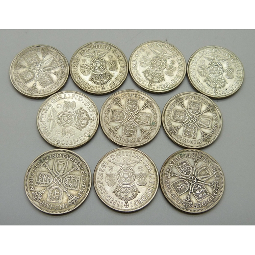 1092 - Coins; ten silver florins pre 1946 includes very rare 1932, 112.7g