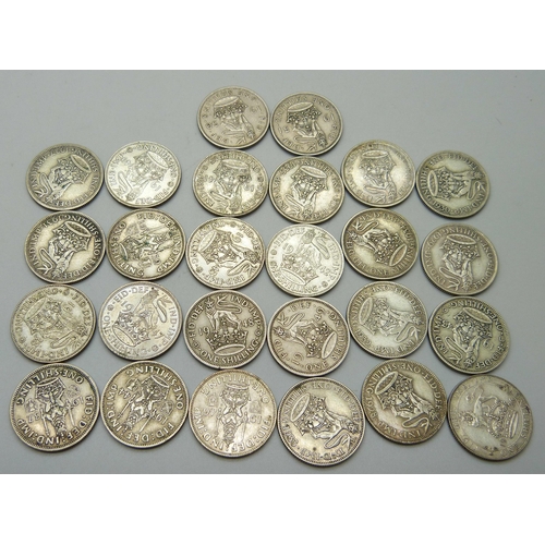 1093 - Coins; a collection of shillings, 1926 to 1951 inclusive, (26 coins), 146.4g