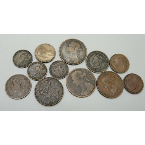 1094 - Twelve 19th Century coins, including 1899 one cent, 1841/6, 1853 half pennies, 1896 centesimo and an... 