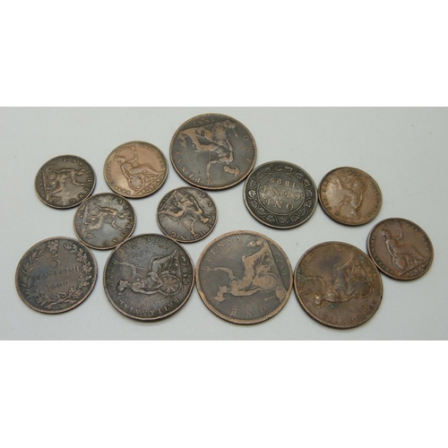 1094 - Twelve 19th Century coins, including 1899 one cent, 1841/6, 1853 half pennies, 1896 centesimo and an... 